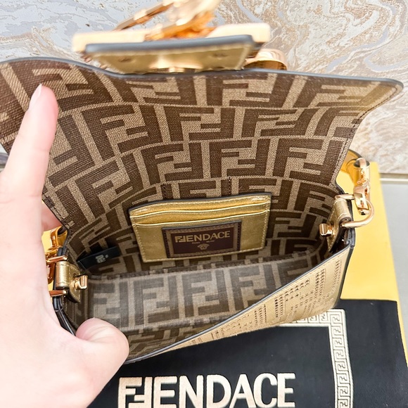 FENDI x VERSACE Fendace Logo Metallic Brooch Baguette NM Zucca Leather Mini Bag - Picture 11 of 15